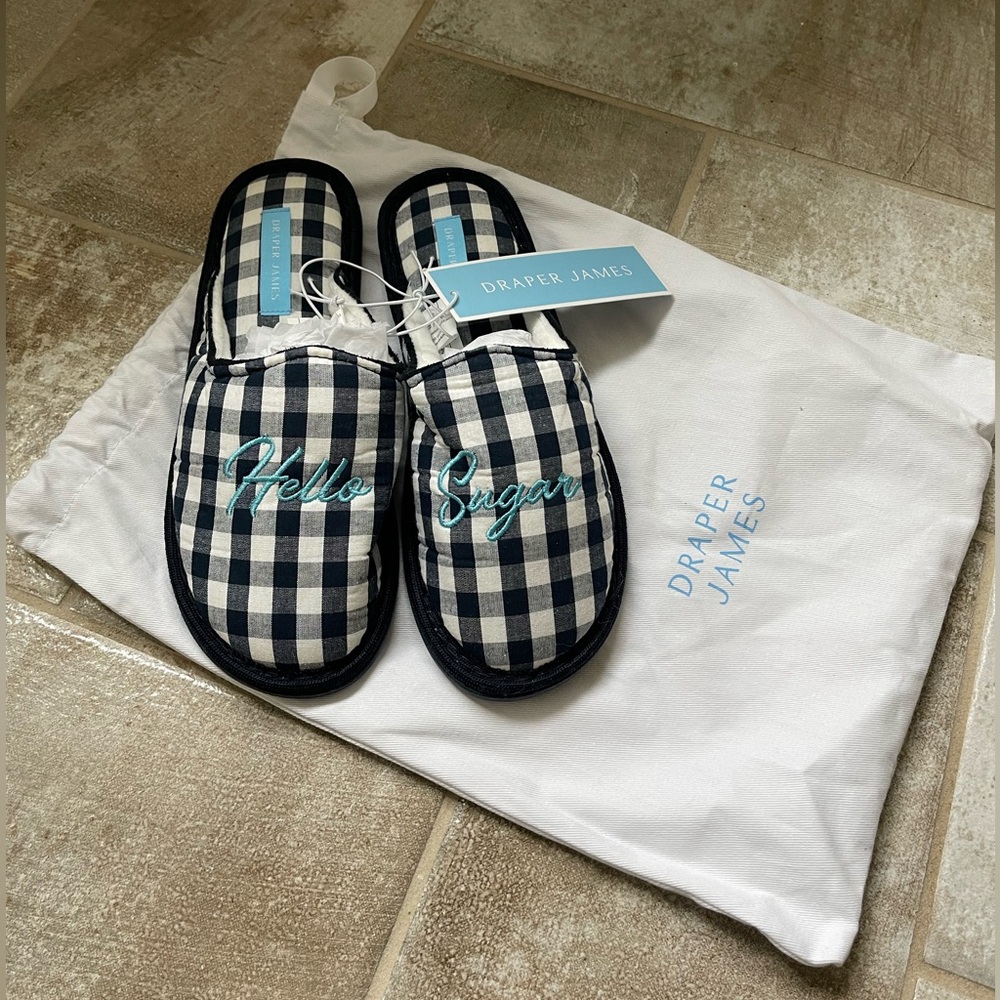 Draper James Navy and White Checkered Hello Sugar Slippers w/ Dustbag